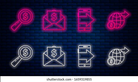 Set line Envelope with coin dollar, Smartphone, mobile phone, Magnifying glass and dollar and Earth globe with dollar. Glowing neon icon on brick wall. Vector