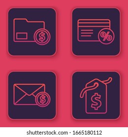 Set line Envelope with coin dollar, Envelope with coin dollar, Discount card with percent and Price tag with dollar. Blue square button. Vector