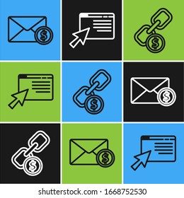 Set line Envelope with coin dollar, Chain link and coin and Online shopping on screen icon. Vector