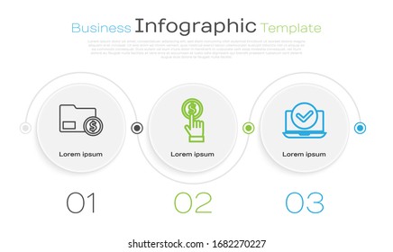 Ajuste la línea Envolvente con moneda de moneda, moneda de mano y portátil. Plantilla de infografía empresarial. Vector