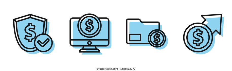Set line Envelope with coin dollar, Shield with dollar, Computer monitor with dollar and Financial growth and coin icon. Vector