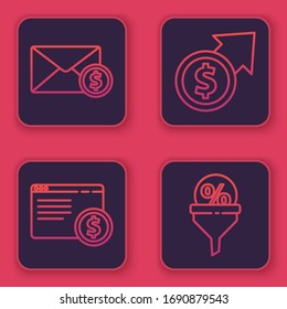 Ajuste la línea Envelope con moneda en dólares, Compras en línea en pantalla, Crecimiento financiero y gestión de monedas y plomo. Botón cuadrado azul. Vector