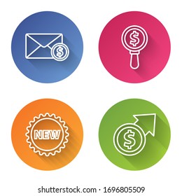 Set line Envelope with coin dollar, Magnifying glass and dollar, Price tag with New and Financial growth and coin. Color circle button. Vector