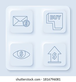 Set line Envelope with coin dollar, Buy button, Eye with dollar and Financial growth and coin. White square button. Vector