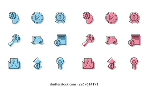 Set line Envelope with coin dollar, Financial growth and, Business man planning mind, Light bulb, Armored truck, Paper check financial check, Magnifying glass and Registered Trademark icon. Vector