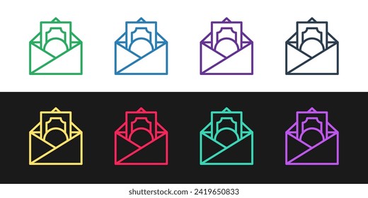 Set line Envelope with coin dollar symbol icon isolated on black and white background. Salary increase, money payroll, compensation income.  Vector
