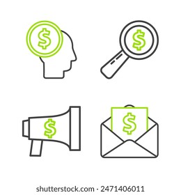 Set line Envelope with coin dollar, Megaphone and, Magnifying glass and Business man planning mind icon. Vector