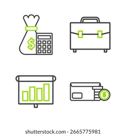 Set line Envelope with coin dollar symbol, Presentation financial board graph, schedule, chart, diagram, infographic, pie graph, Briefcase and Calculator money bag icon. Vector