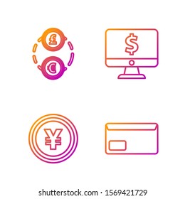 Set line Envelope, Coin money with Yen symbol, Money exchange and Computer monitor with dollar symbol. Gradient color icons. Vector