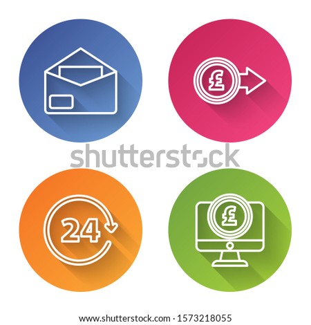 Set line Envelope, Coin money with pound sterling symbol, Clock 24 hours and Computer monitor with pound sterling symbol. Color circle button. Vector
