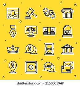 Envolvente de línea, edificio de la corte, sirena Flasher, esposas, escalas de justicia, peine de la fuente, icono de dinero del prisionero y del soborno. Vector