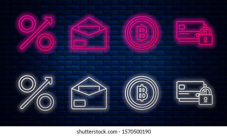 Set line Envelope, Cryptocurrency coin Bitcoin, Percent up arrow and Credit card with lock. Glowing neon icon on brick wall. Vector