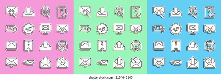 Set line Envelope, Delete envelope, Mail message lock password, with magnifying glass, Paper plane, shield,  and Speech bubble icon. Vector