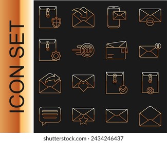 Set line Envelope, Delete envelope, Mobile and, Mail e-mail, setting, with shield and  icon. Vector