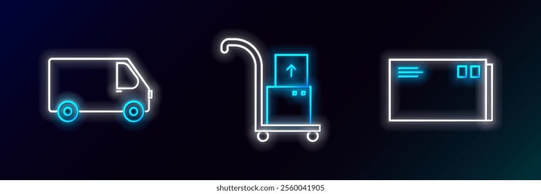 Set line Envelope, Delivery cargo truck vehicle and Hand and boxes icon. Glowing neon. Vector