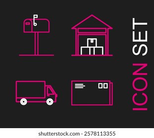 Set line Envelope, Delivery cargo truck vehicle, Warehouse and Open mail box icon. Vector