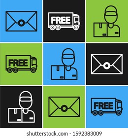 Set line Envelope , Delivery man with cardboard boxes  and Free delivery service  icon. Vector