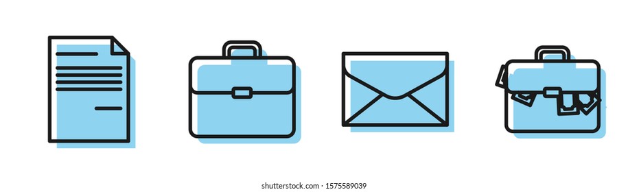 Set line Envelope, Document, Briefcase and Briefcase and money icon. Vector