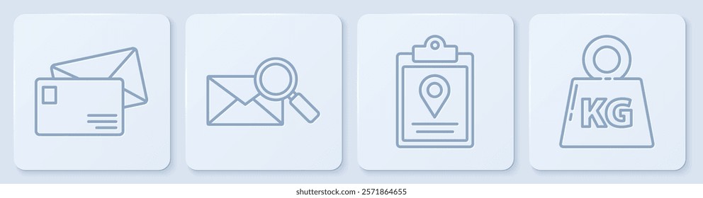 Set line Envelope, Document tracking marker system, Envelope with magnifying glass and Weight. White square button. Vector