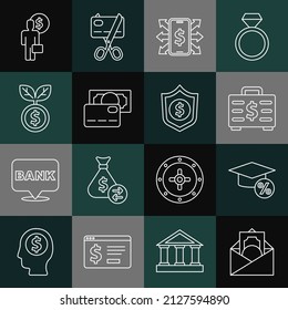 Set line Envelope with dollar symbol, Graduation cap and coin, Briefcase money, Smartphone, Credit card, Dollar plant, Business man planning mind and Shield icon. Vector