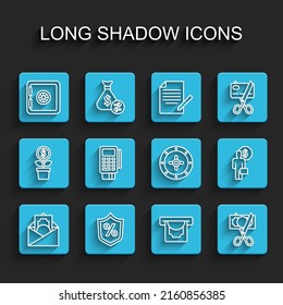 Set line Envelope with dollar symbol, Loan percent, Safe, ATM and money, Scissors cutting, POS terminal credit card, Business man planning mind and  icon. Vector