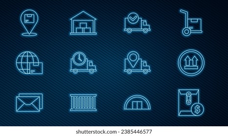 Set line Envelope with dollar symbol, This side up, Delivery truck check mark, Logistics delivery and clock, Worldwide shipping box, Location cardboard, tracking and Warehouse icon. Vector
