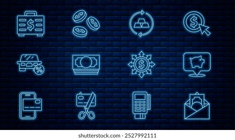 Set line Envelope with dollar symbol, Piggy bank, Gold bars, Stacks paper money cash, Car leasing percent, Briefcase and, Dollar, share, network and Coin icon. Vector