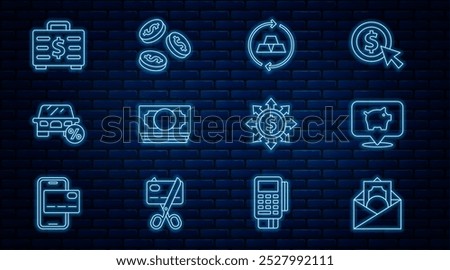 Set line Envelope with dollar symbol, Piggy bank, Gold bars, Stacks paper money cash, Car leasing percent, Briefcase and, Dollar, share, network and Coin icon. Vector