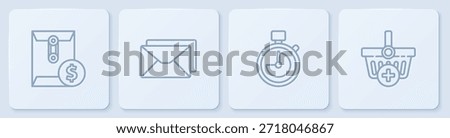 Set line Envelope with dollar symbol, Stopwatch,  and Add Shopping basket. White square button. Vector