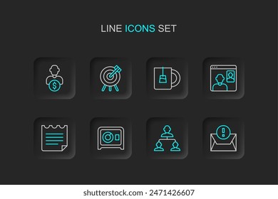 Set line Envelope, Employee hierarchy, Safe, Notebook, Video chat conference, Cup of tea, Target financial goal and Business investor icon. Vector
