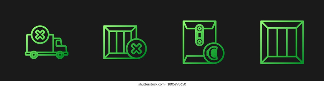 Fijar la línea Sobre con símbolo en euros, Vehículo de transporte de carga, Caja de madera y borrar y . Iconos de color de degradado. Vector