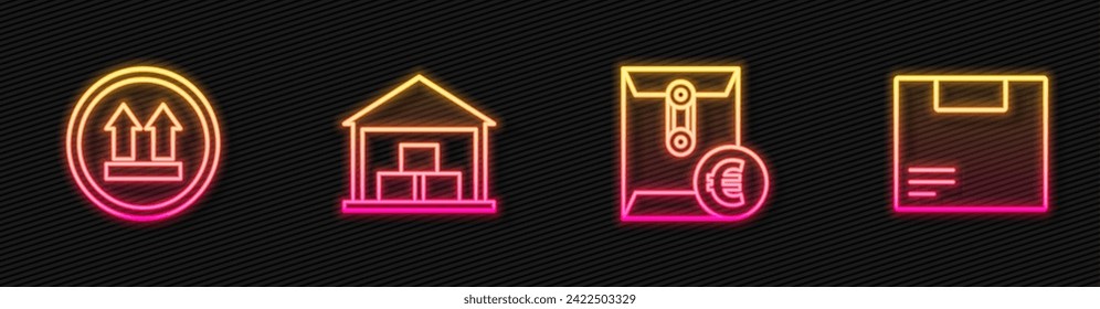 Set line Umschlag mit Euro Symbol, Diese Seite nach oben, Lager und Karton Karton Karton Box. Leuchtendes Neonsymbol. Vektorgrafik