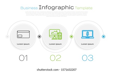 Set line Envelope, Financial chart or graph on the computer monitor and mobile phone and Laptop with dollar symbol. Business infographic template. Vector