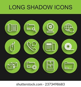 Set line Envelope, Folder settings with gears, Telephone, Archive papers drawer, Document folder, handset and speech bubble chat, Scotch and News icon. Vector
