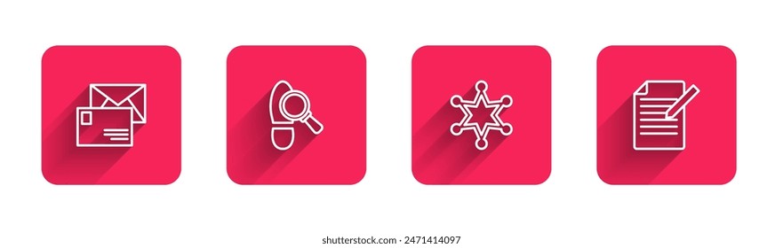 Set line Envelope, Footsteps, Hexagram sheriff and Document and pen with long shadow. Red square button. Vector