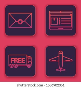 Set line Envelope , Free delivery service , Laptop with app delivery tracking  and Plane . Blue square button. Vector