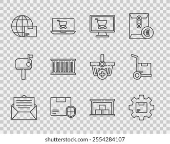 Set line Envelope, Gear wheel with package box, Shopping cart on computer, Delivery security shield, Worldwide shipping and, Container, Warehouse and Hand truck boxes icon. Vector