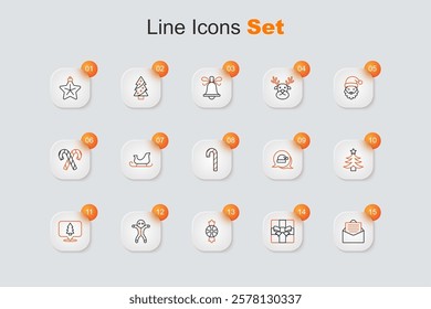 Set line Envelope, Gift box, Candy, Holiday gingerbread man cookie, Christmas tree, Santa Claus hat and cane with stripes icon. Vector