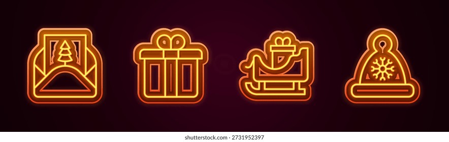 Set line sobre, caja de regalo, trineo de Navidades de santa claus y sombrero de Santa Claus. Icono de neón brillante. Vector