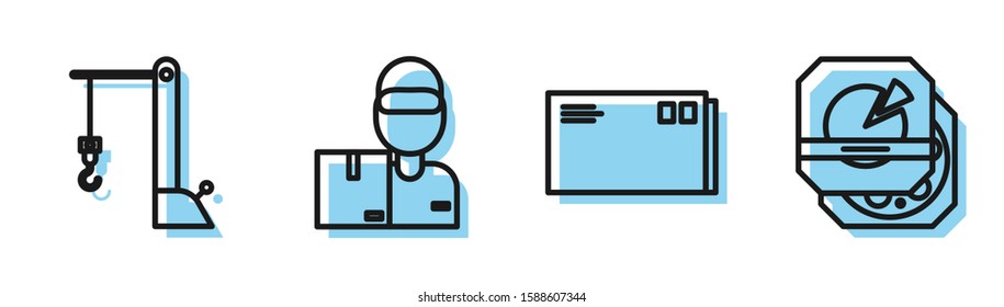 Set line Envelope , Harbor port crane, Delivery man with cardboard boxes  and Pizza in cardboard box  icon. Vector