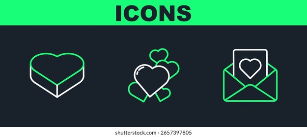 Set línea sobre con corazón, caramelo en forma de caja e icono de corazón. Vector