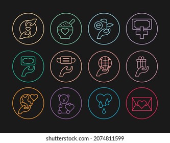 Fijar la línea sobre con el corazón, Dar regalo, Hoja en la mano, Máscara de protección médica, Donación benéfica, Relación agradable, Mano sosteniendo el globo terrestre e ícono de comida. Vector