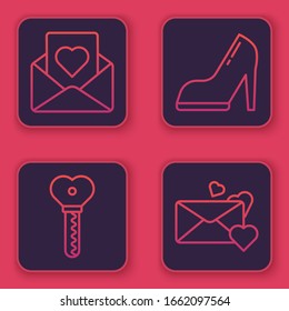 Set line Envelope with heart, Key in heart shape, Woman shoe with high heel and Envelope with heart. Blue square button. Vector