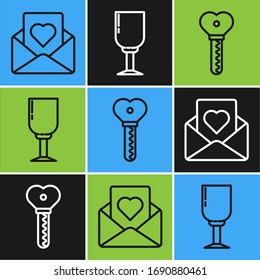 Set line Envelope with heart, Key in heart shape and Wine glass icon. Vector