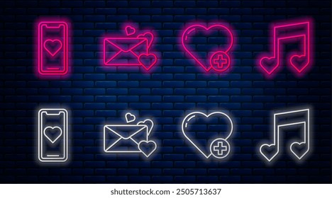 Set line Envelope with heart, Heart, Mobile phone with heart and Music note, tone with hearts. Glowing neon icon on brick wall. Vector