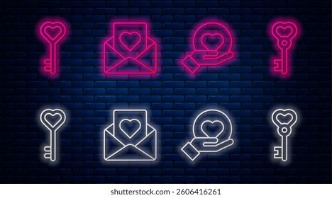 Set line Envelope with heart, Heart on hand, Key in heart shape and Key in heart shape. Glowing neon icon on brick wall. Vector