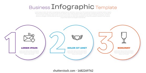 Set line Envelope with heart, Heart with wings and Wine glass. Business infographic template. Vector