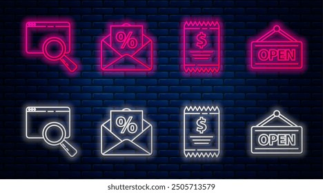 Set line Envelope with an interest discount, Paper check and financial check, Search in a browser window and Hanging sign with Open. Glowing neon icon on brick wall. Vector