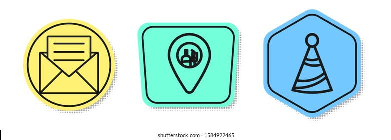 Set line Envelope with invitation card , Alcohol or beer bar location  and Party hat . Colored shapes. Vector