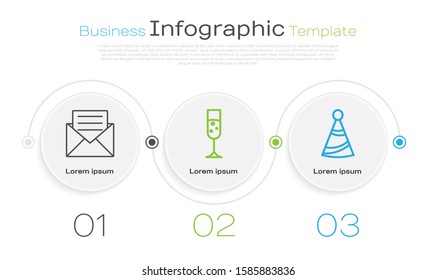 Set line Envelope with invitation card , Glass of champagne  and Party hat . Business infographic template. Vector